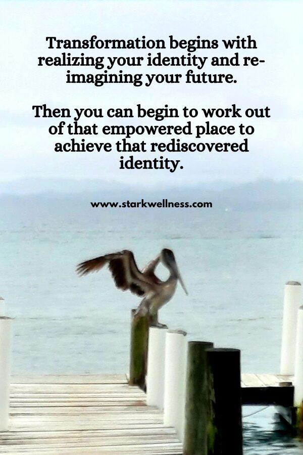 A pelican spreading his wings with my quote: Transformation begins with realizing your identity and re-imagining your future. Then you can begin to work out of that empowered place to achieve that rediscovered identity. --www.starkwellness.com