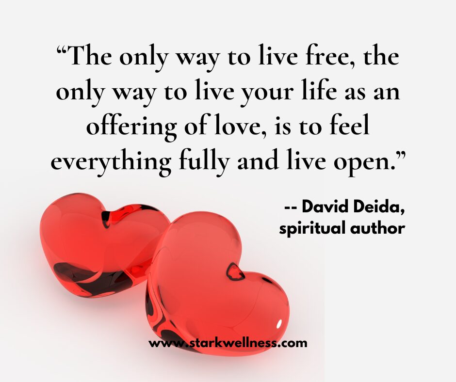 Quote from my blog post with glass hearts: The only way to live free, the only way to live your life as an offering of love, is to feel everything fully and live open. -- David Deida, spiritual author -- www.starkwellness.com